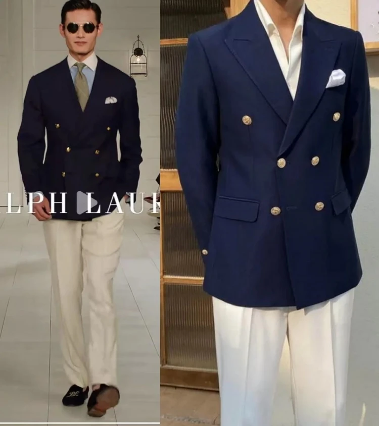 

Blazer Casual Suit Classic Navy blue Double-breasted Metal Buttons Suit Jacket England Slim Business Formal Wear Couture Suits