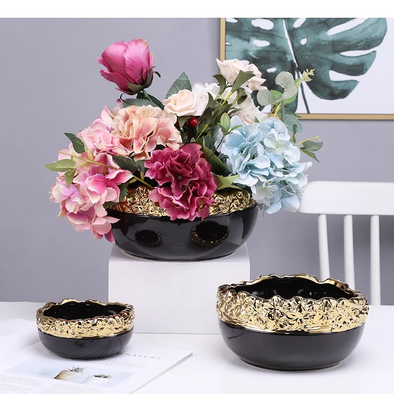 Ceramic Flower Pot Golden Planter Vase Succulent Garden Court Plant Accessories Flowerpot Indoor Vases