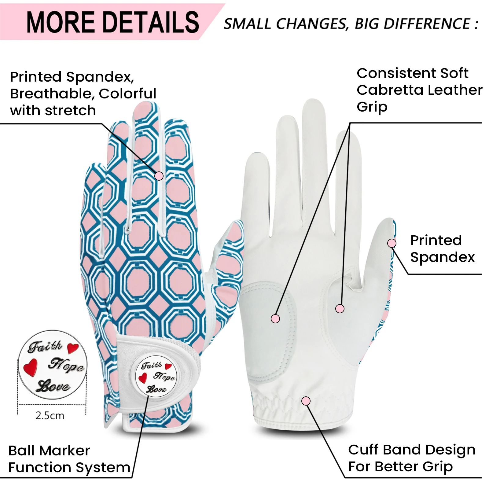 Golf Gloves Women Left Hand with Ball Marker Value 1 Pack, Colored Glove for Ladies Right Handed Golfer All Weather Grip