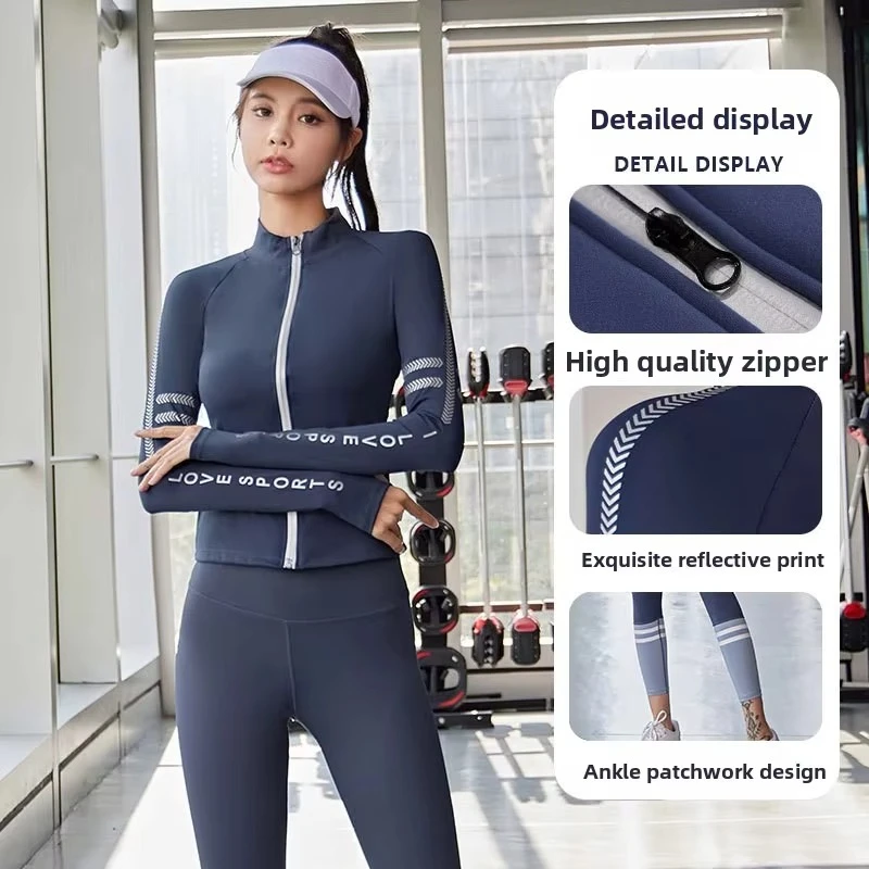 Women Half High Collar Zip Up Yoga Jacket Letter Print Thumb Hole Slim Fit Long Sleeve Gym Workout Athletic Outer Top