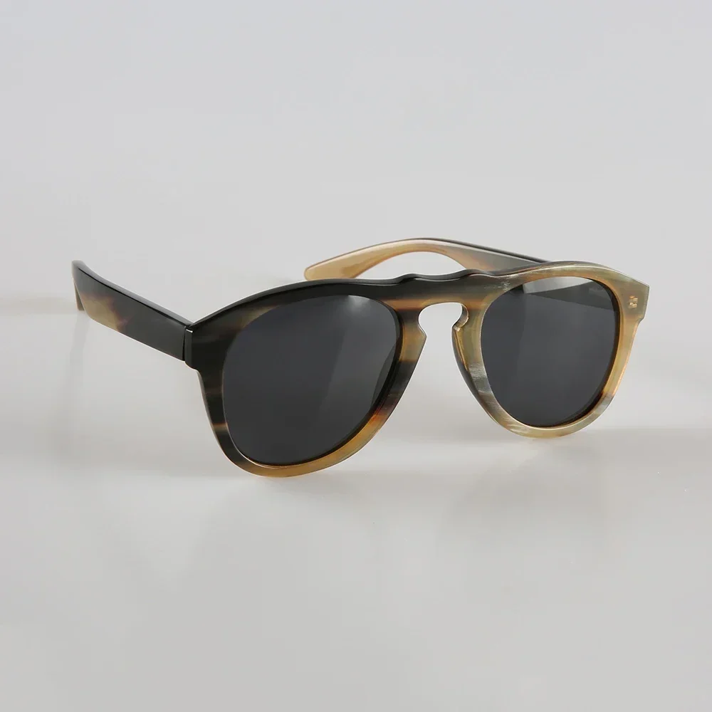 Women Sunglasses Man Brand Custom Pilot Style Oval Round Cat Eye Shape Unique Handmade Glasses Stripes Natural Horn Sunglass Men