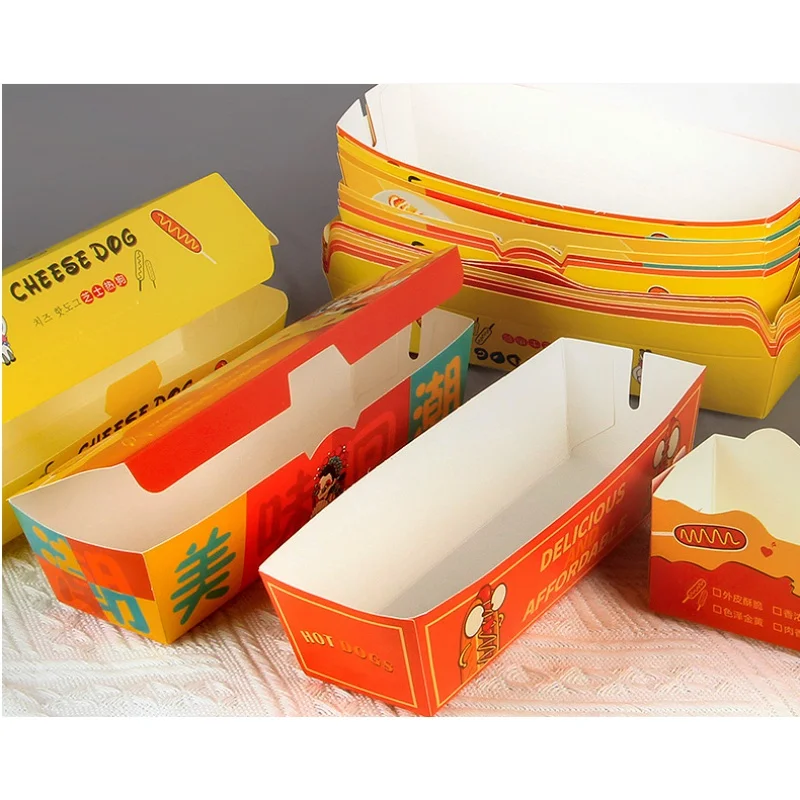 Op Maat Gemaakte Producten Afhaalbare Wegwerp Kraft Food Box Hotdog Stick Papier Verpakking Voedselbak Doos