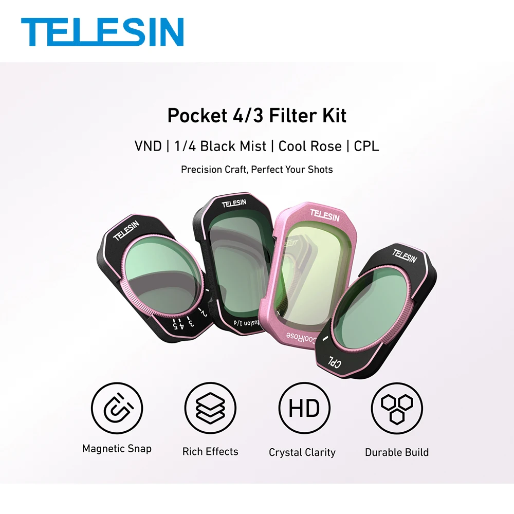 

TELESIN Magnetic Filter Kit Cool Rose Filter + CPL + VND 2-32 + 1/4 Black Mist Filter for DJI Osmo Pocket 4 / 3 Accessories