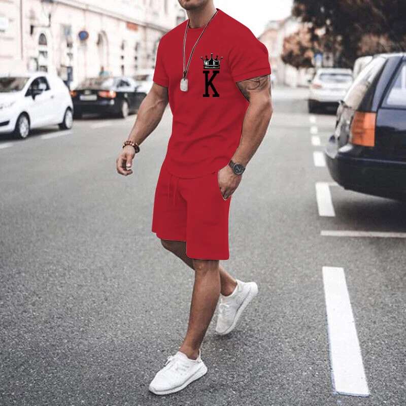 Men's Pink T Shirts Sets Crown K Popular Design Printing Solid Color Summer Outfits 2 Piece Oversized Short Sleeve Suit For Male