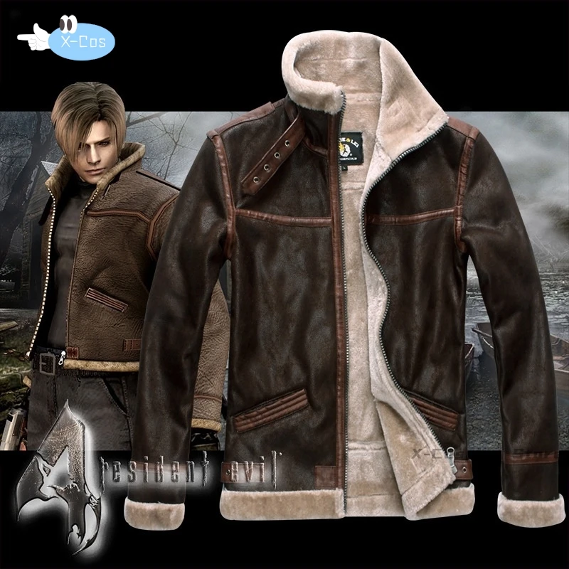 Biohazard Resident 4 Leon S Kennedy Evil Costume Leather Coat Jacket Cosplay PU Faur Jacket Long-sleeve Winter Outerwear Men Boy