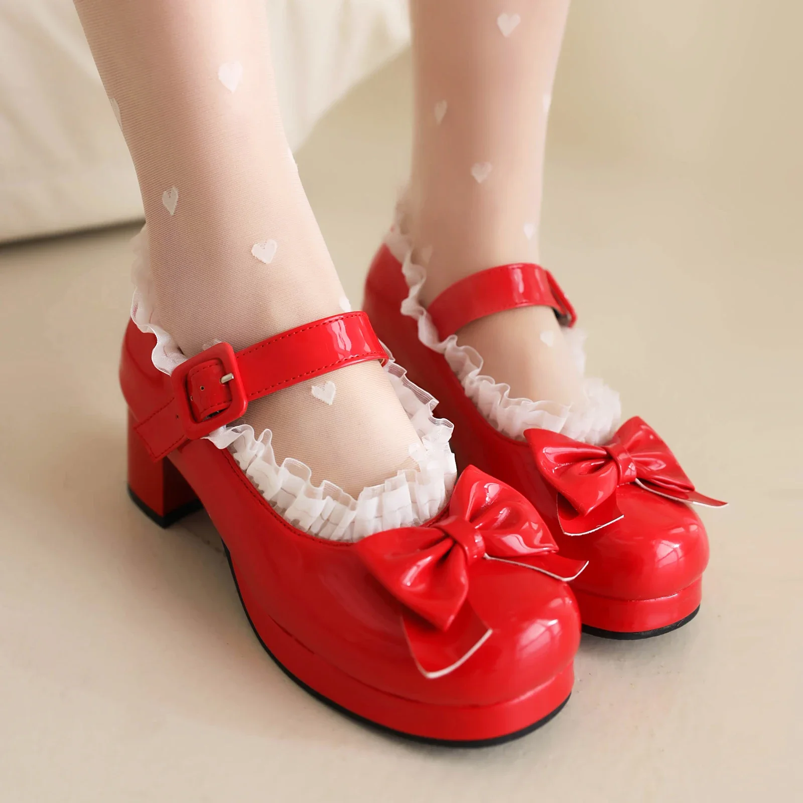 

Cute Lolita Mary Janes Ladies Shoes Princess Party Wedding Ruffles Butterfly-knot White Red Chunky Block Heels Balck Pumps 2025