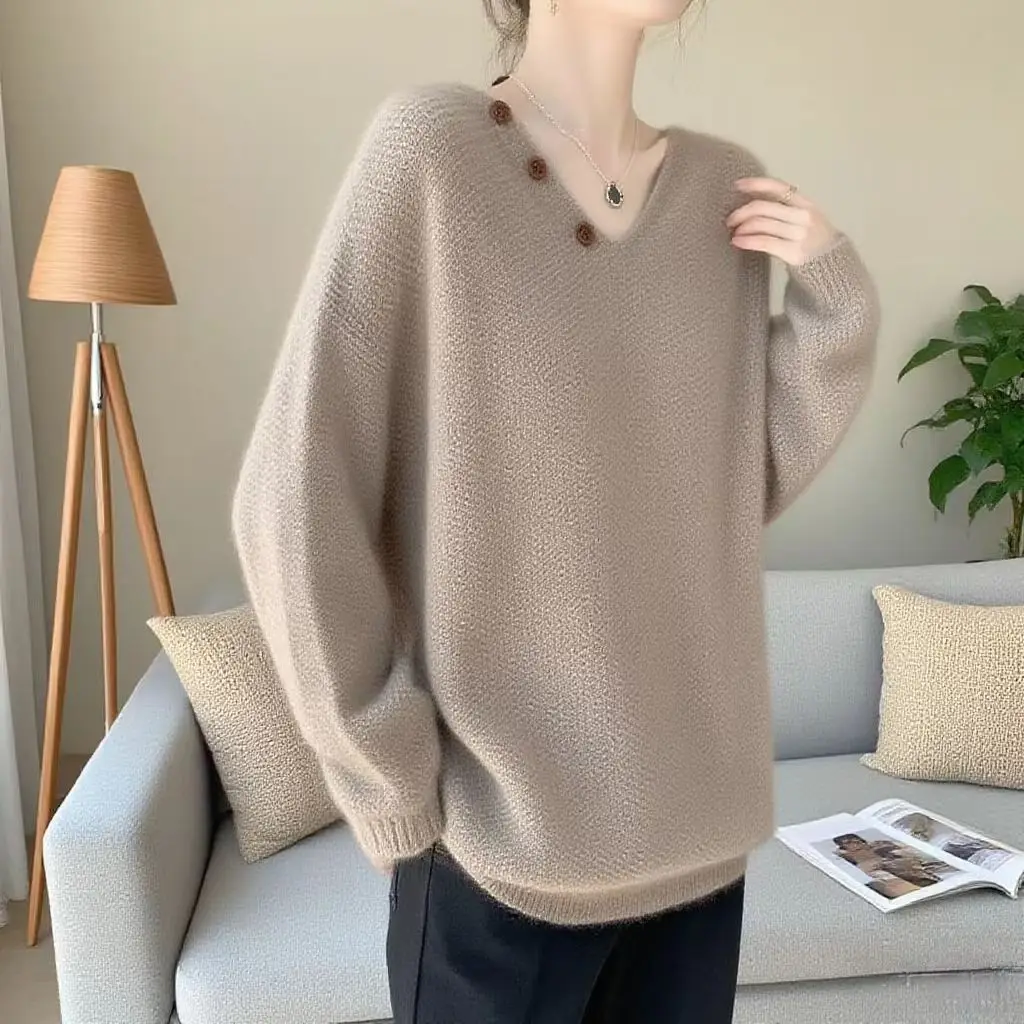 

100% Merino Wool Sweater Lazy Style Solid Color V-Neck Design sense Pullover Cashmere Long Sleeves Clothing Top Soft Fashion