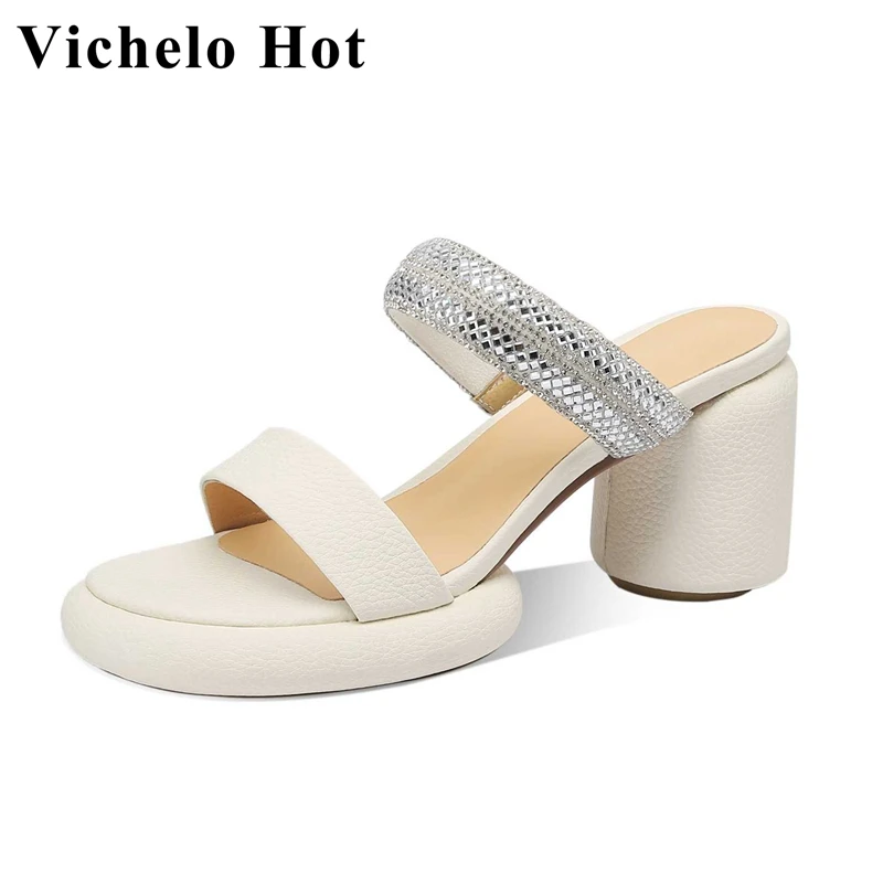 

Vichelo Hot Big Size Cow Leather Peep Toe High Heel Platform Mules Bling Young Lady Streetwear Elegant Slip on Women Sandals L37