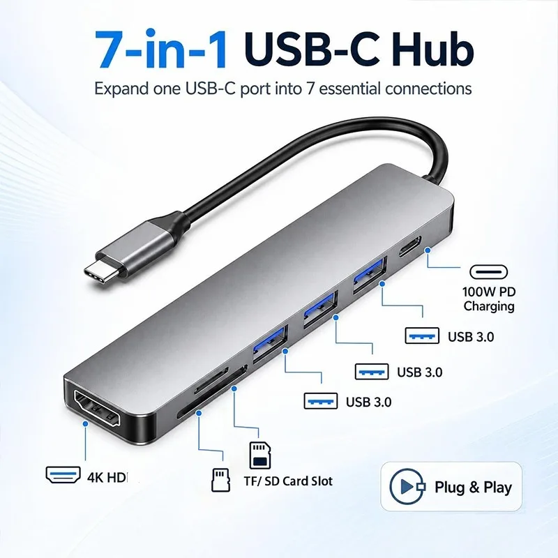 7-in-1 USB C Hub Multiport Adapter 4K HDMI-compatible 3USB3.0 100W PD SD TF Card Reader for MacBook Laptop Tablet Phone
