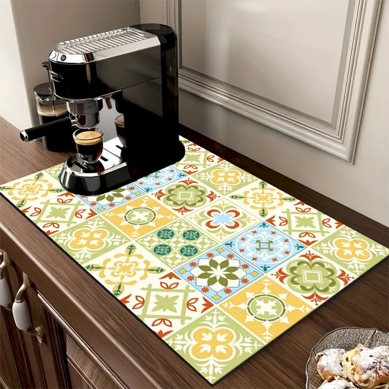 VIKAMA Retro Moroccan Ceramic Tile Drying Mat Colored Flower Waterproof and Anti slip Stove Protective Mat Home Decoration