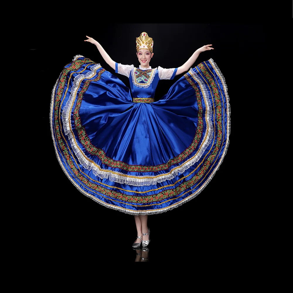 

Russian Folk Dance Costume European Style Gorgeous Blue Palace Dress With Headwear,Princess Maid Long Skirt Performance Show