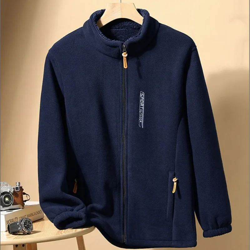 2024Men's New Stand Up Collar Zipper Double Pockets with Thick Fleece Youth Fleece Jacket Men's Autumn and Winter Fleece Jacket