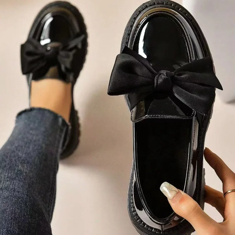 Mocasines clásicos de tacón alto para mujer, zapatos de tacón cuadrado con punta redonda y lazo, sin cordones, para uso diario, 2024