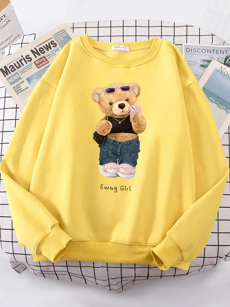 Street Teddy Bear Selfie Swag Girl Funny Sweatshirt Female Hipster Fleece Hoody Crewneck Hoodies Fashion Oversize Pullover Tops