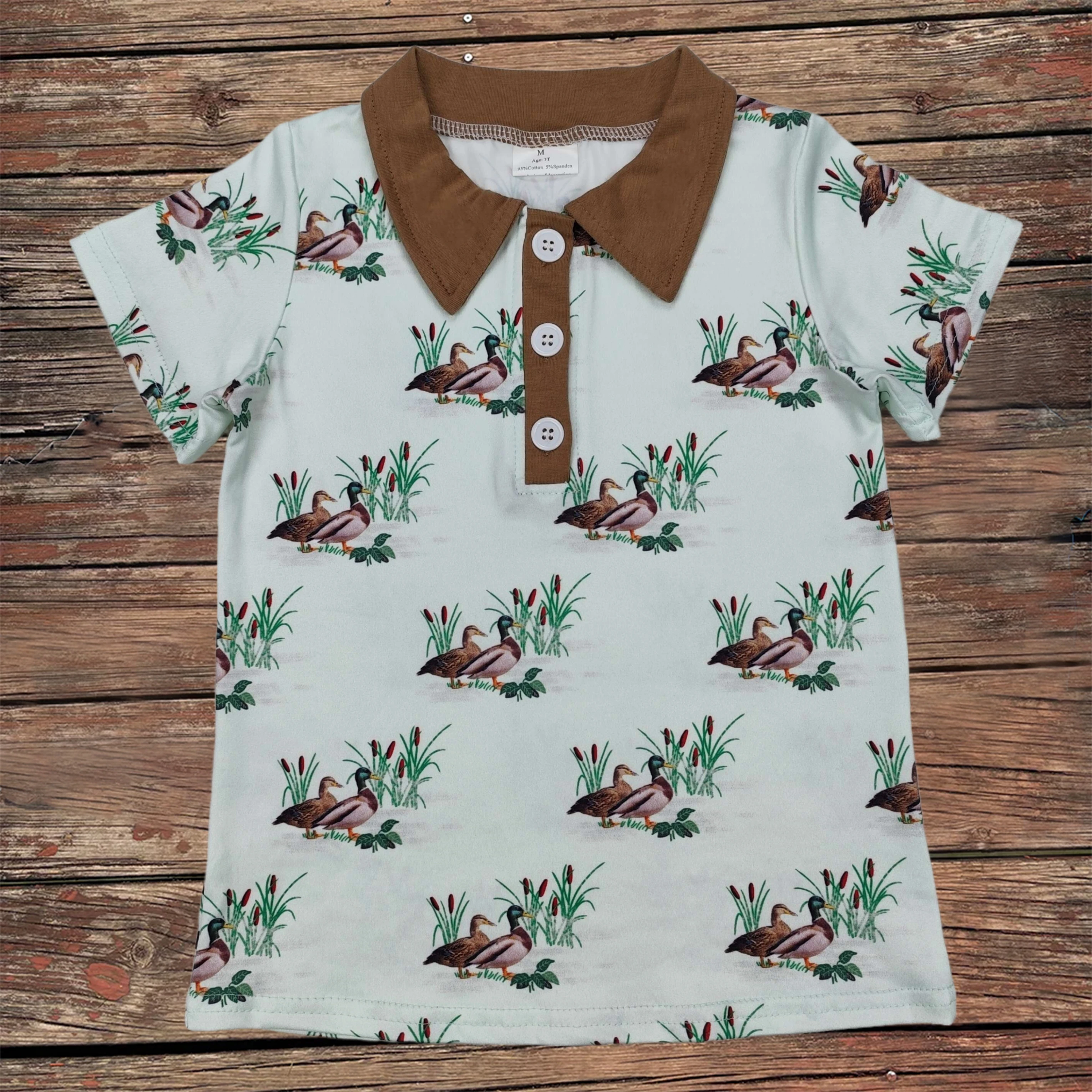 

Wholesale Children Short Sleeves Infant Kids Light Brown Collar Buttons Shirts Baby Boy Toddler Lapel Mallard Ducks Pullover Top