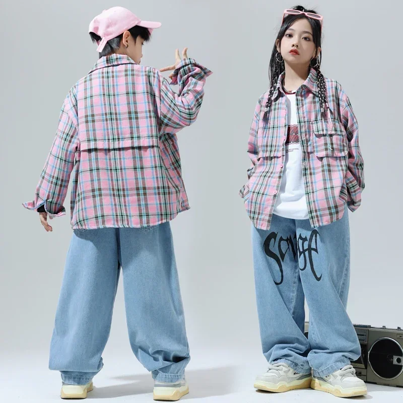 Ropa de calle para niños, trajes Kpop de Jazz para niños, ropa de Hip Hop, camisa a cuadros rosa, pantalones vaqueros para niñas, baile callejero