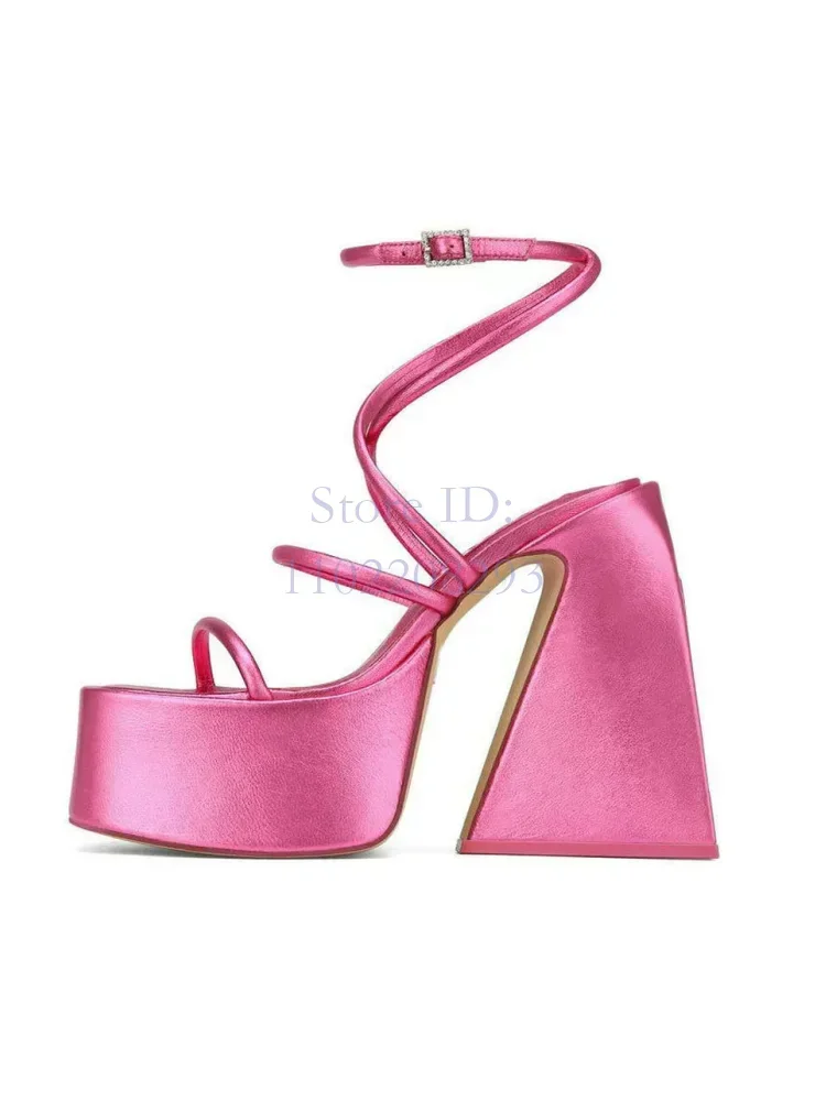 Metallic Hot Pink Platform Sandals Peep Toe Crystal Buckle Wrap Ankle Strap Chunky Heels 2026 Women Party Dress Heels Shoes