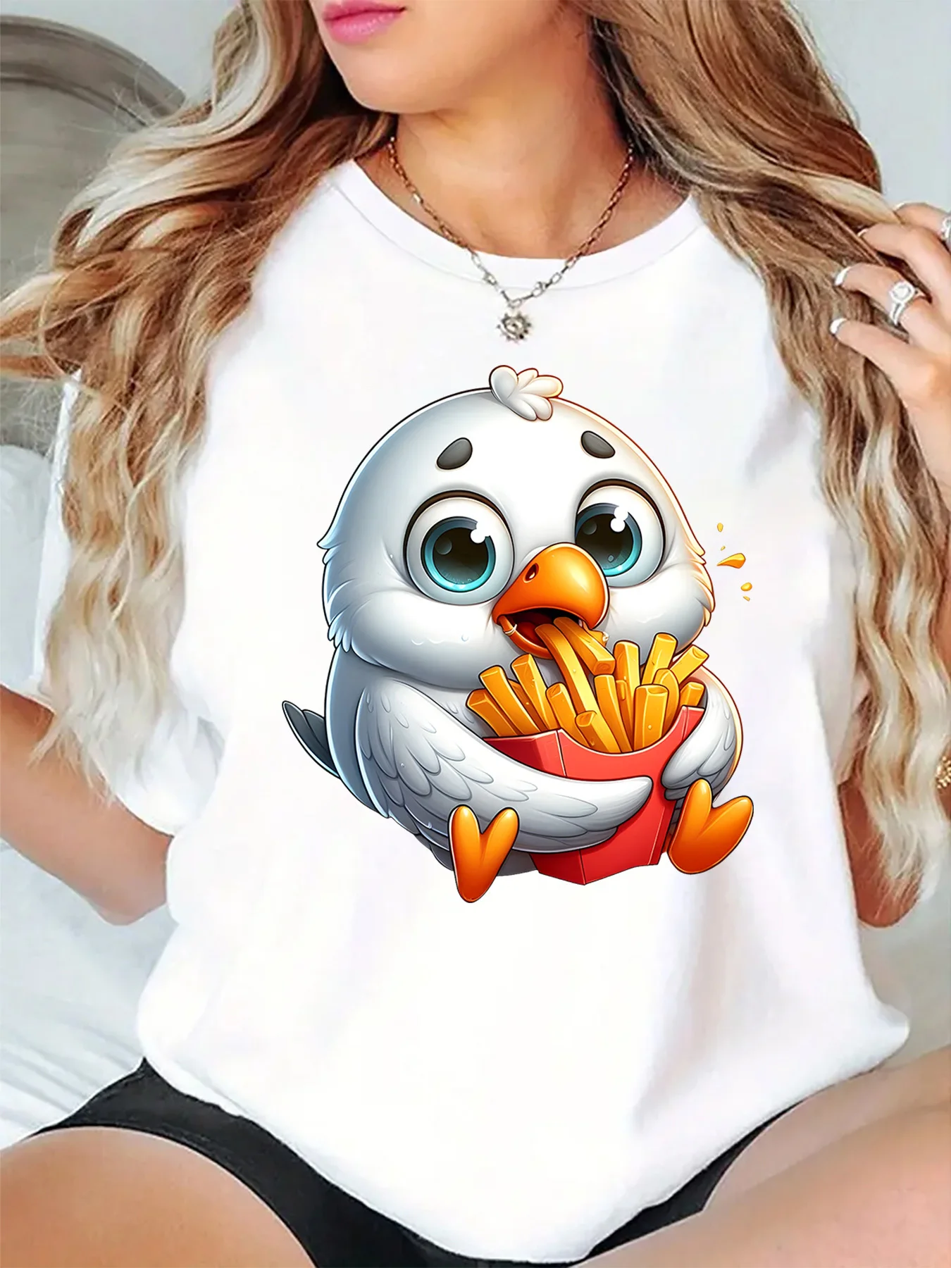 Cute Cartoon White Bird Eating Tasty French Fries Fun Art Print Graphic Ladies T Shirt Short Sleeve Crew Neck Casual Tee Tops