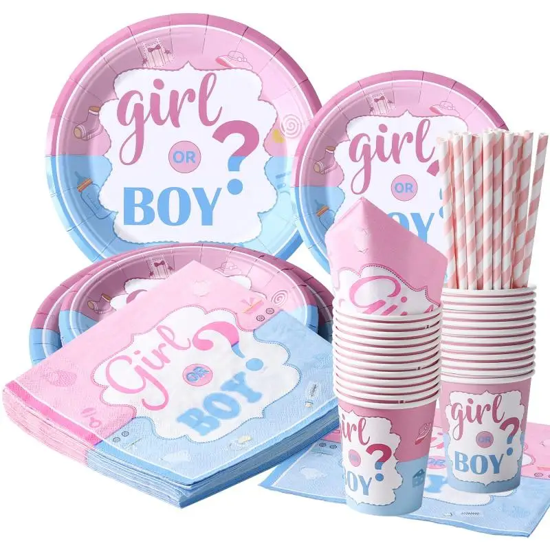 

120PCS Deluxe Gender Reveal Party Supplies Kit - Includes Colorful Plates, Cups, Napkins, Paper Straws, and Tableware