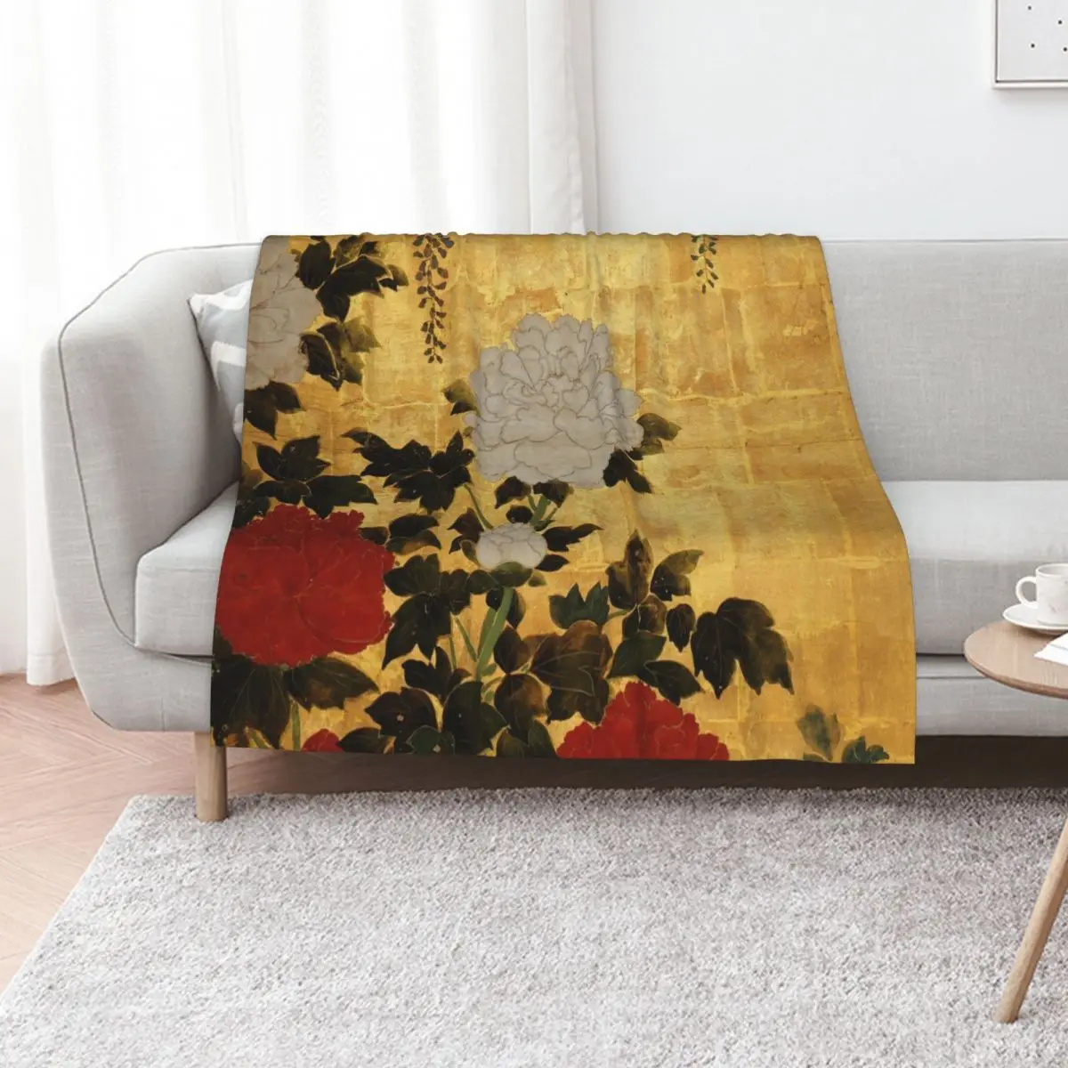 

Vintage Japanese Floral Gold Leaf Screen With Wisteria and Peonies Throw Blanket Flannel Flannels Decorative Throw Blankets