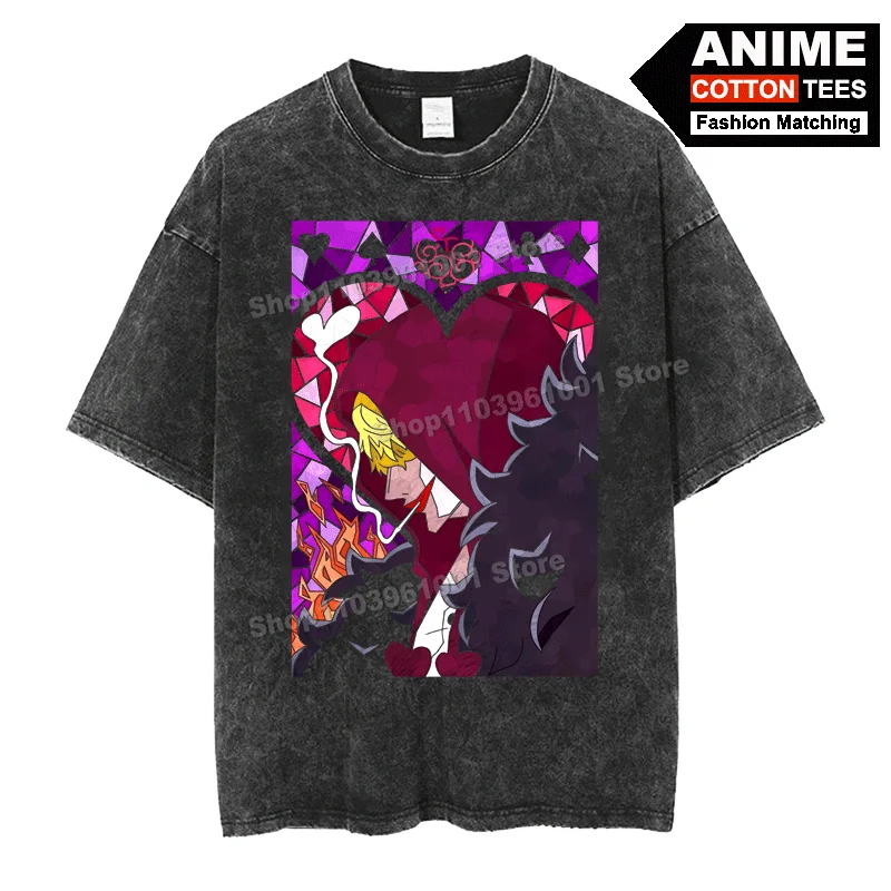 

Retro Washed Street styl T Shirt Anime ONE PIECE - Donquixote Rosinante Print Clothes Cotton Loose Men Women Short Sleeve Tees