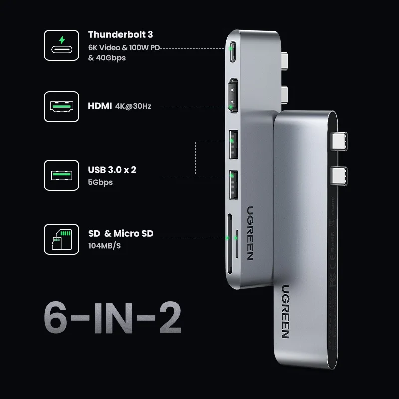 UGREEN 맥북 프로 에어 도킹 스테이션 USB-C 분배기용 USB-C 허브, C타입-썬더볼트 3 4K HDMI SD 및 TF USB3.0 어댑터, 6 인 2