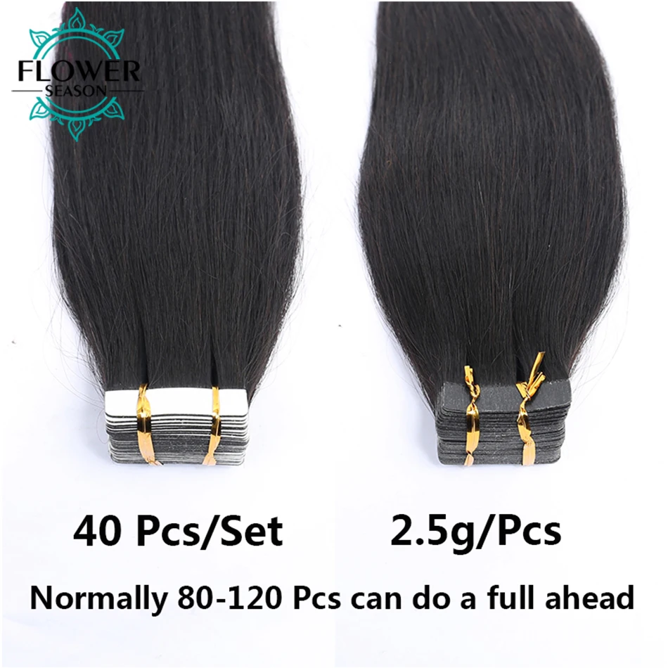 Plester lurus dalam ekstensi rambut manusia 100% lem perekat pakan kulit Remy pada pita dalam rambut untuk wanita 40 buah/set warna alami