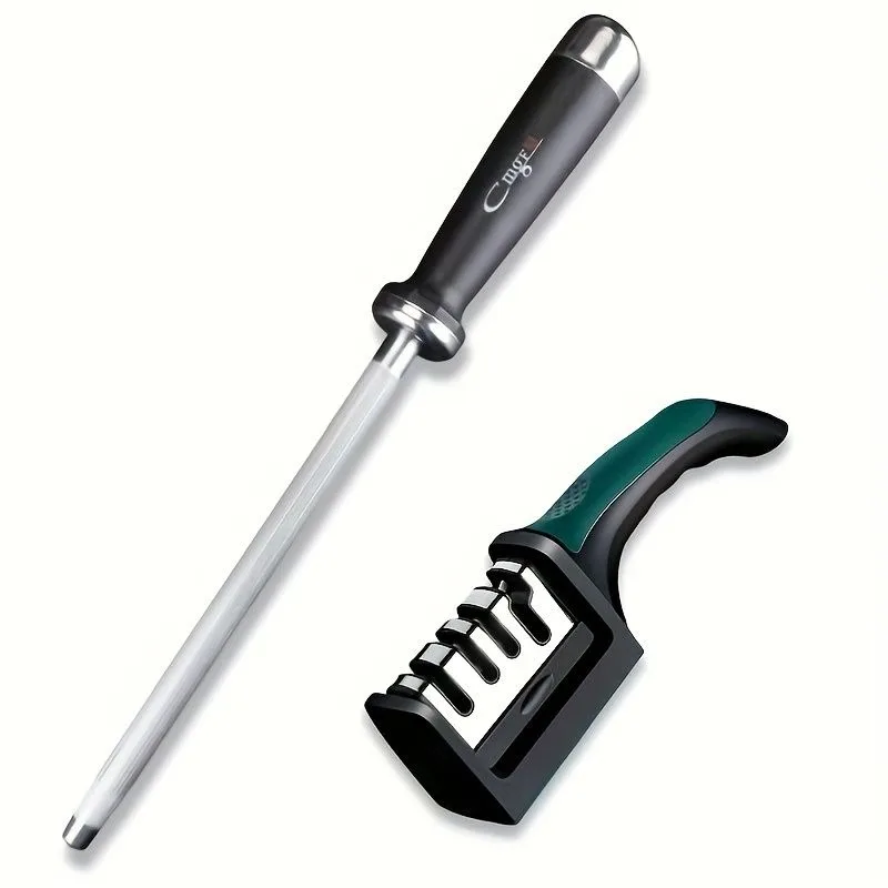 2PCS Knife Sharpener Set 8 Inch Honing Rod 4in1 Four Slot Sharpener for Chef Home Multi Functional Efficient Kitchen Knife Tool