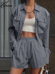 Oymimi Fashion Loose Gray Nylon 2 Piece Sets Women Outfit 2023 Elegant Long Sleeve Crop Shirt With High Waist Shorts Set Female