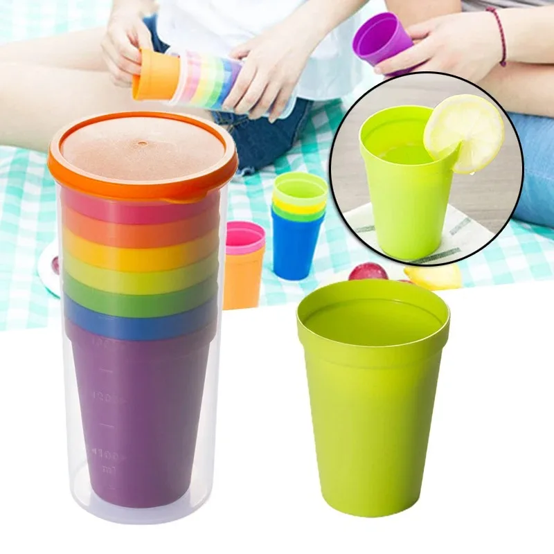 7pcs Rainbow Plastic Cups Set Reusable Water Mug Picnic Travel Trendy Funny Portable Rainbow Suit Cup Party Kids Drink Cup