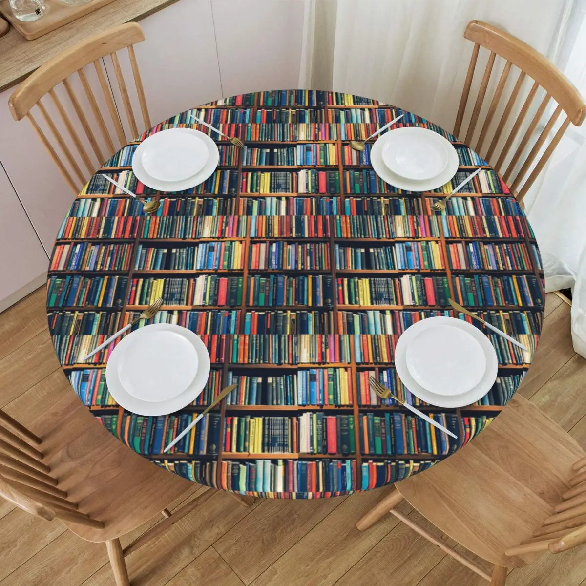 Education Library Book Waterproof Round Tablecloth Oilproof Table Cloth for Kitchen Events Dining Table Cover