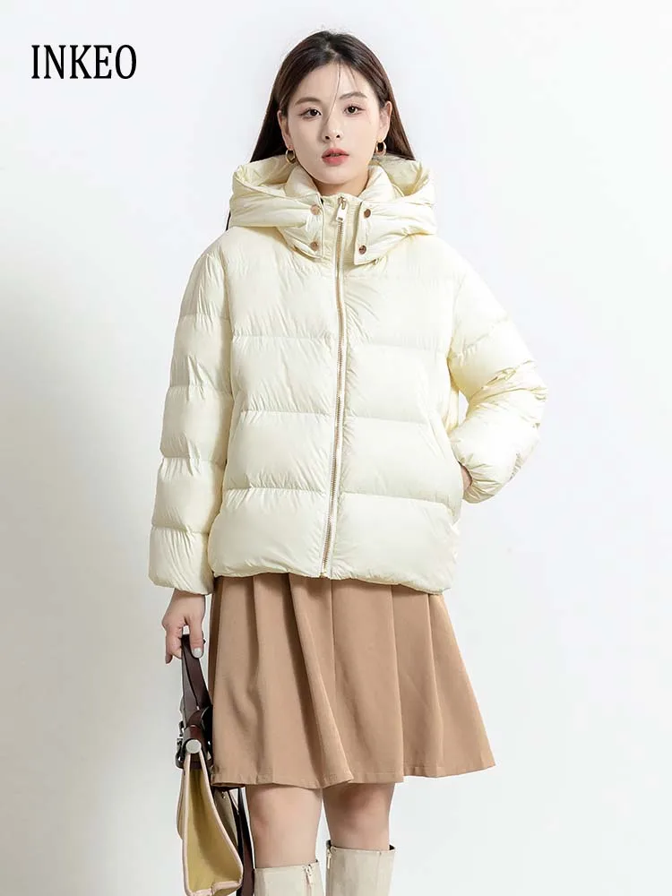 

High quality 90% White goose down jacket 2024 Winer Fluffy Hooded short puffer coat oversize Black beige Luxury INKEO DJ024