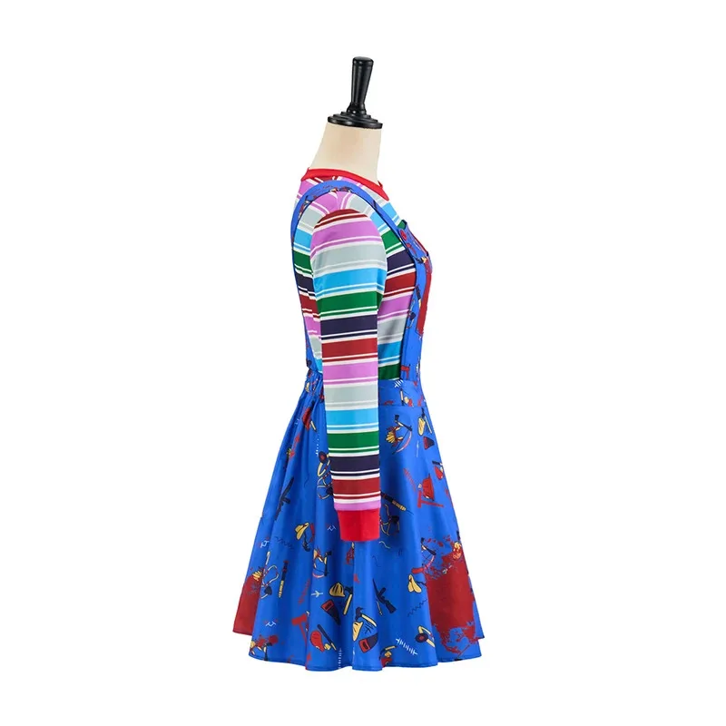 

COSda@Horror Doll Chucky Cosplay Costume Blue Long Sleeve Rainbow Striped Top Plus Suspender Skirt Set Halloween Horror Party Co