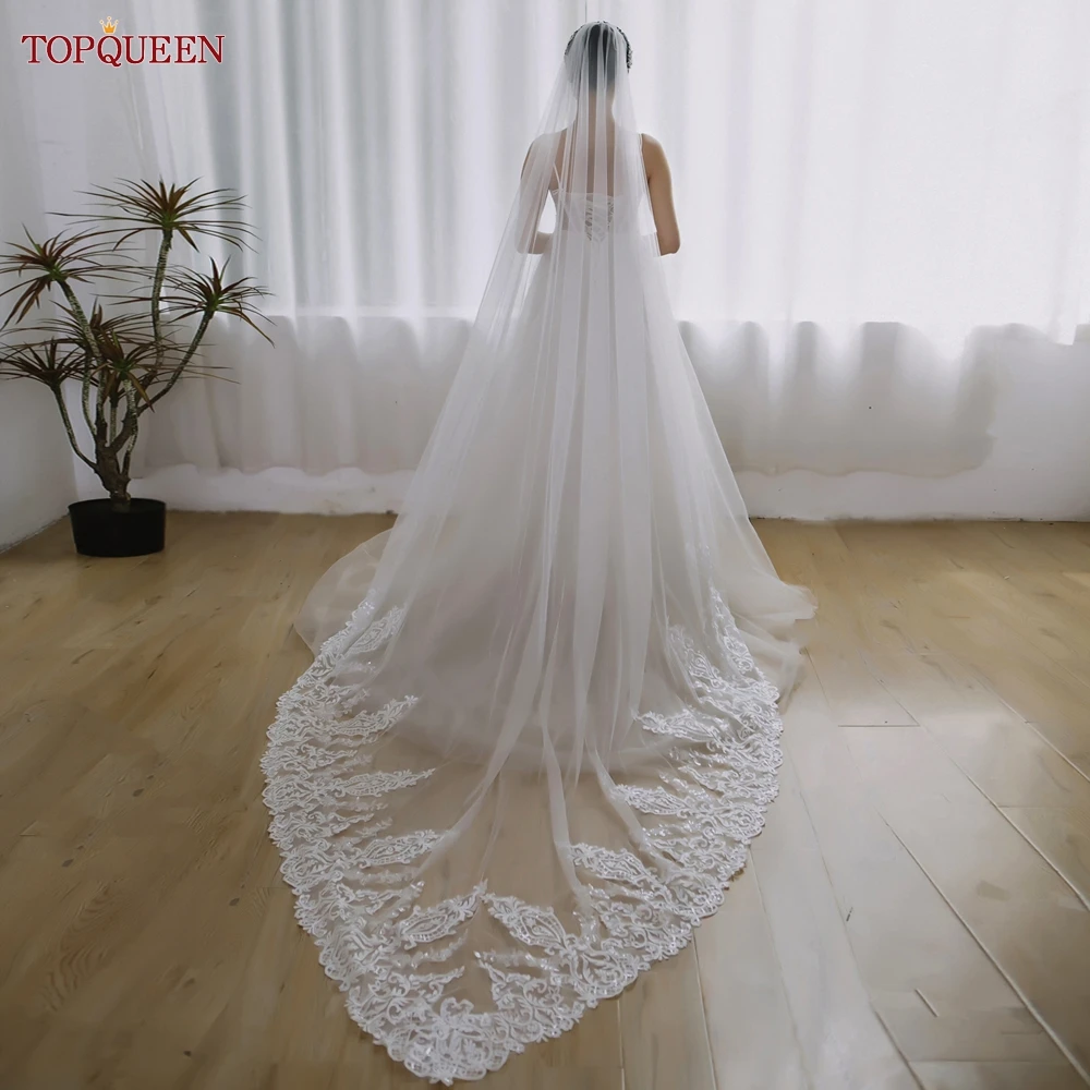 TOPQUEEN Bride V-Shaped Garden Wedding Lace Veil White 3m Long Floral Pattern With Sequins Vestido De Noiva Casamento 2024 V149