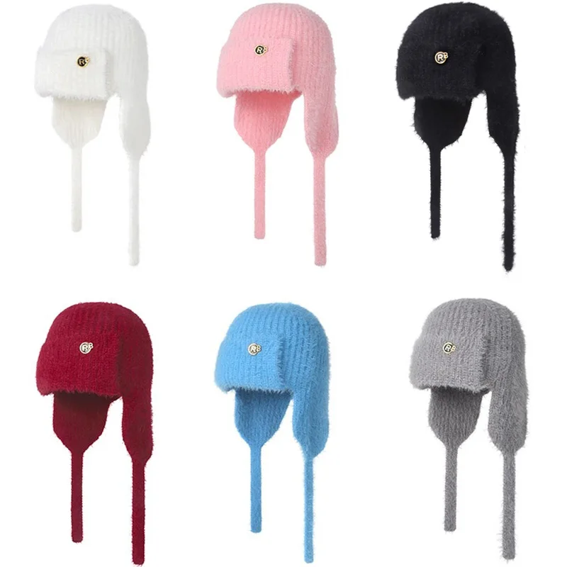 

Autumn Winter Faux Mink Fur Knit Beanie Warm Solid Color Bomber Hats Adjustable Ear Flaps for Cold Weather Outdoor Earmuffs
