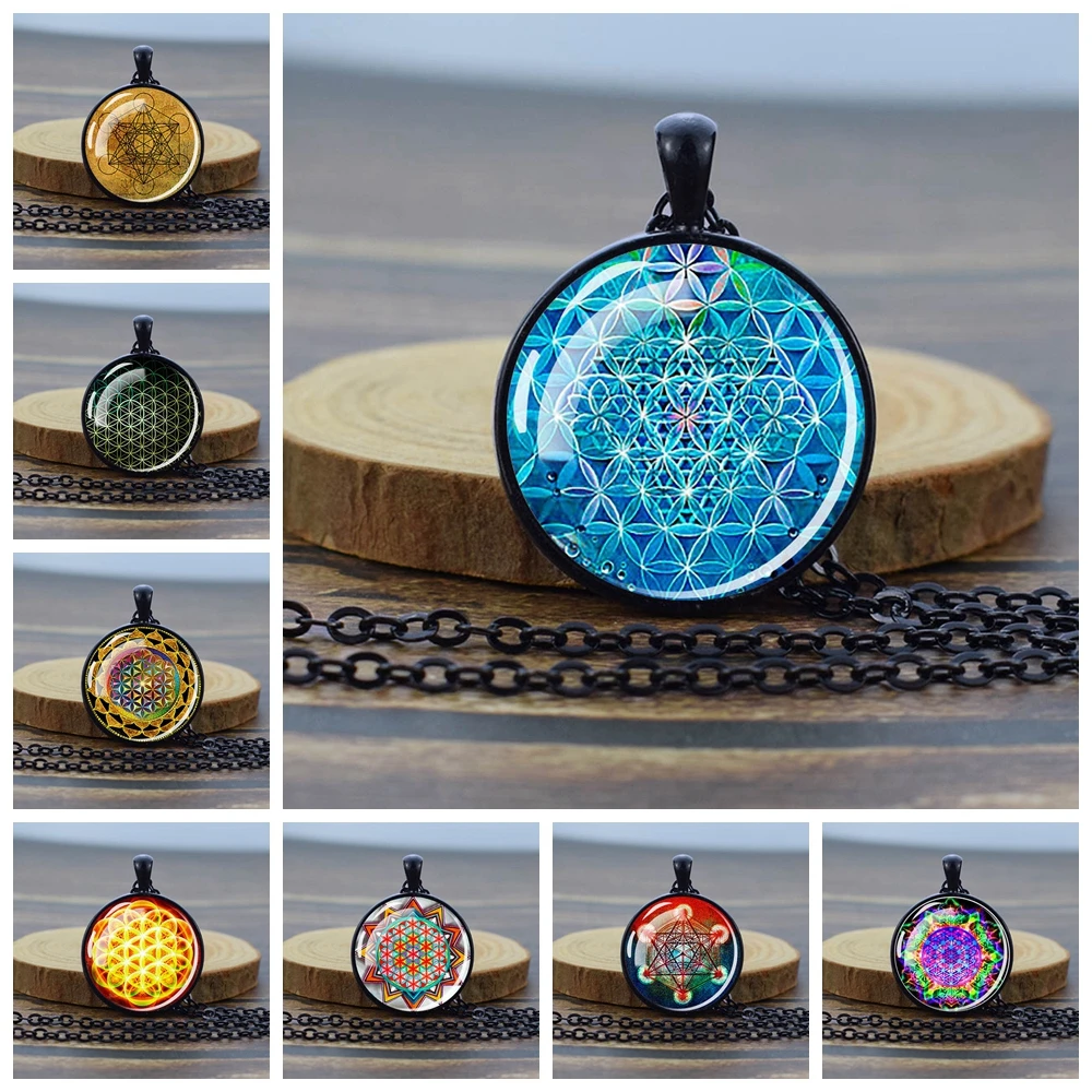 Metatron\'s Cube Necklace for Women Men Sacred Geometry Flower of Life Glass Dome Pendant Black Chain Necklace Meditation Jewelry