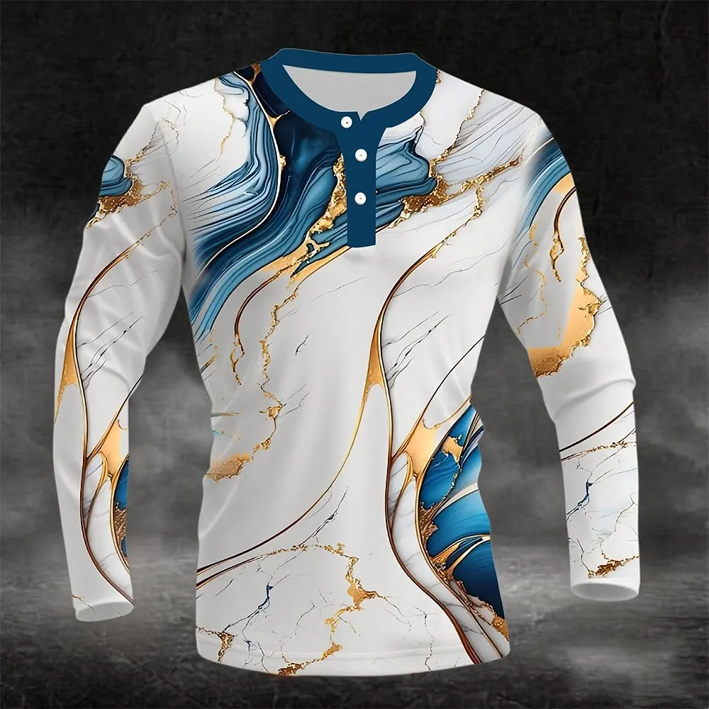 

3D Printed Golden Stripe Henley T-Shirts For Men Fashion Simple Design Long Sleeve Tops Autumn Outdoor Comfortable Men's Clothes