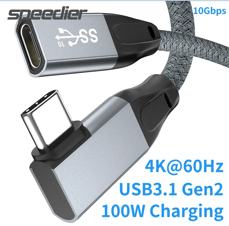 USB 3.1 Type C Extension Cable 90 Degree Gen2 10Gbps USB-C 3.1 Male To Female 4K Video Cord L-Shape Fast Charging Data Extender