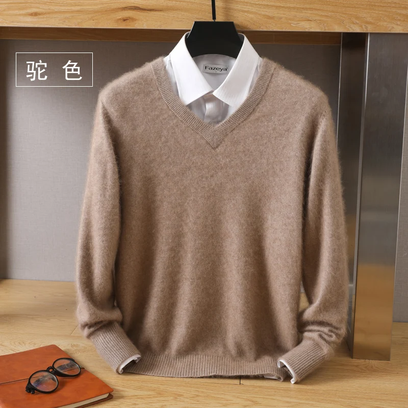 Autumn And Winter High-Quality Mink Wool Sweater Men Pullover Round Neck Long-Sleeved Bottom Knitted Cashmere V-Neck Large Loose