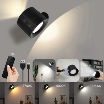 LED 더블 헤드 벽 스콘스 조명, 터치 제어 원격 360 회전 가능한 3 가지 색상 모드 벽 조명, USB 충전 무선 야간 조명 