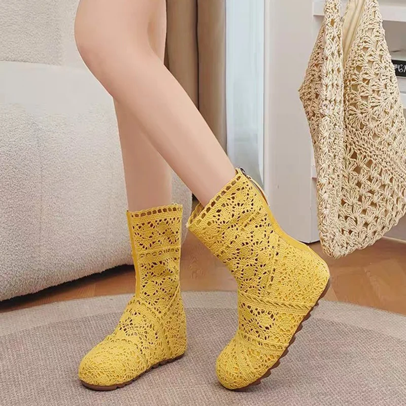 Women Ladies Crochet Knit Hollow Out Ankle Boots Hidden Wedge Sole Casual Summer Boho Breathable Beach Cool Sandals Boots Shoes