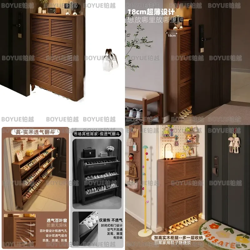 Ultra Thin Solid Wood Shoe Cabinet Flip Door Entryway Storage Narrow Wall Mounted Hallway Organizer for Small Space Home