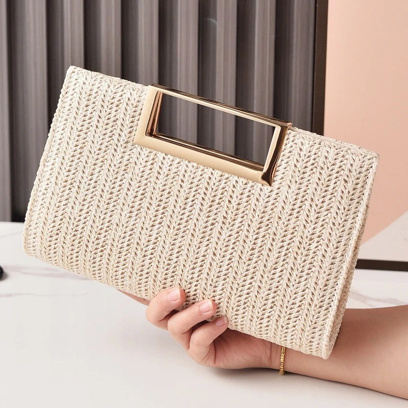 

Woven Straw Clutch Bag for Women Luxury Square Bucket Evening Purse Summer Beach Handbag with Metal Handle Chain Shoulder Bags
