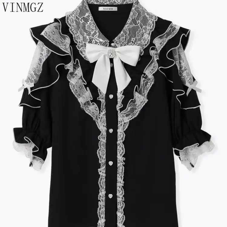Japan's original order new mine series  ruffle edge bow off-the-shoulder lace medium-sleeved sweet shirt