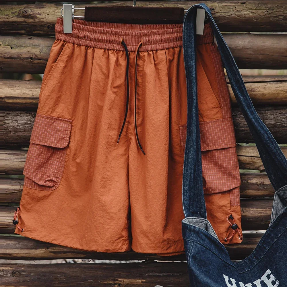 Maden Summer Men Straight Shorts Orange Patchwork Gingham Loose Beach Pants Plus Size Elastic Waist Light Breathable