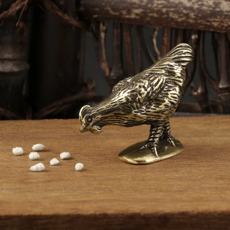 Ancient Solid Chicken eats rice Tea Pet Miniature Figurines Antique Pocket Rooster Desktop Ornament Home Decoration Craft