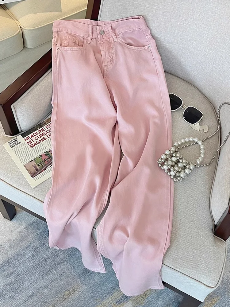 

Pink Denim Pants Women Spring Summer High Waist Wide Leg Straight Trousers Casual All-matched Female Jeans S-3xl