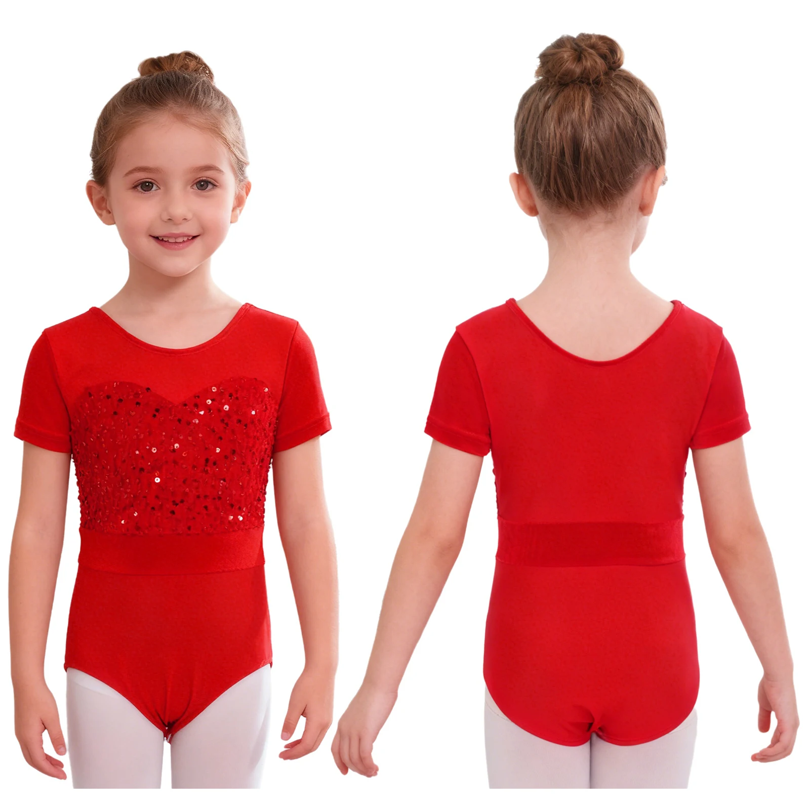 Justaucorps de Ballet pour enfants filles, combinaison de danse, de gymnastique, à manches courtes, en velours à paillettes brillantes, pour l'entraînement au Yoga et à la pratique