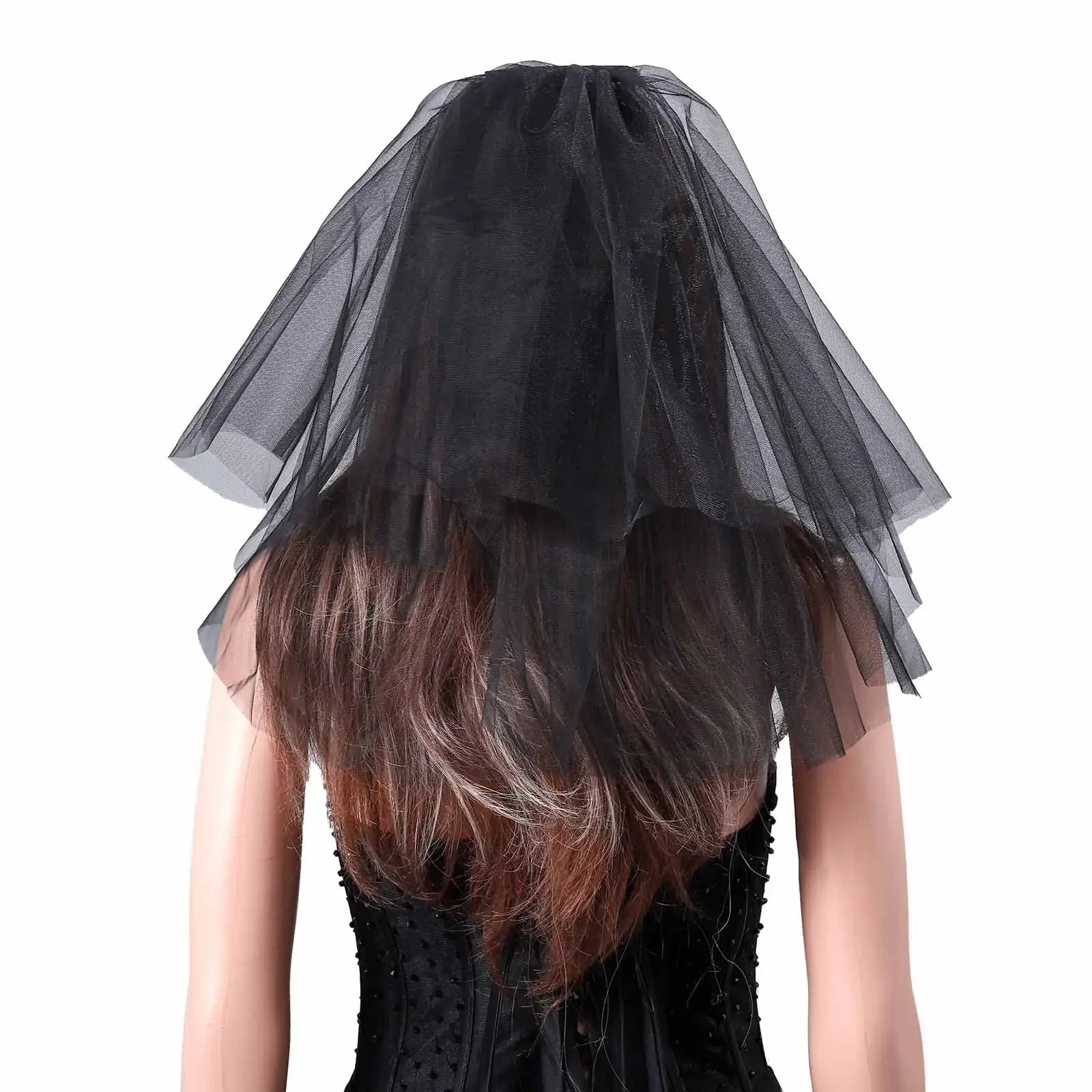 Black Short Women’s Wedding Veil 2 Tier Bridal Veils Halloween Tulle Bride Hair Clip Cosplay Costume Hen