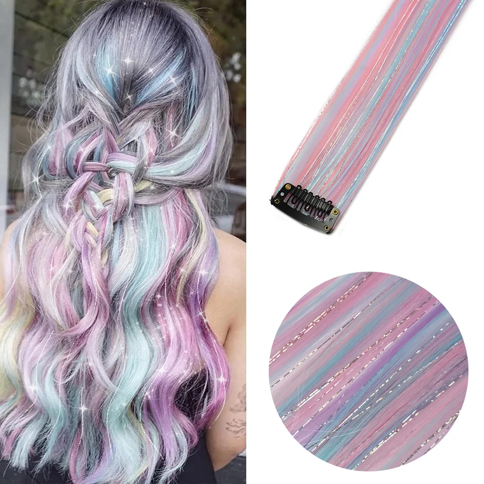 Extensiones de cabello de colores con clip, unicornio, tinsel plateado, arcoíris sintético, para fiestas